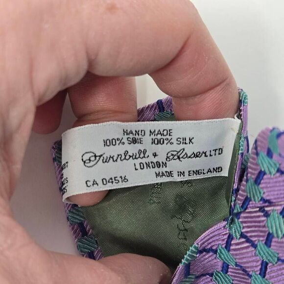 TURNBULL & ASSER SILK TIE PURPLE BLUE GREEN GEOMETRIC CHECKER SATIN 3.5" X 57" - Picture 3 of 3